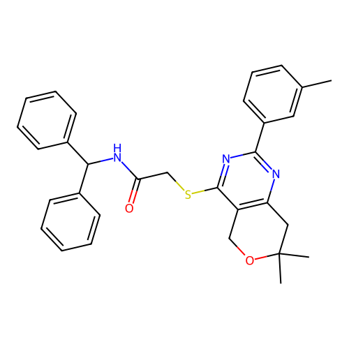 2-{[7,7-dimethyl-2-(3-methylphenyl)-7,8-dihydro-5H-pyrano[4,3-d]pyrimidin-4-yl]sulfanyl}-N-(diphenylmethyl)acetamide structure