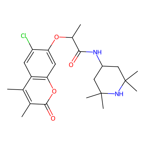 2-((6-chloro-3,4-dimethyl-2-oxo-2H-chromen-7-yl)oxy)-N-(2,2,6,6-tetramethylpiperidin-4-yl)propanamide structure
