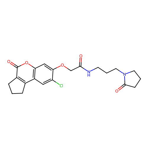 2-((8-chloro-4-oxo-1,2,3,4-tetrahydrocyclopenta[c]chromen-7-yl)oxy)-N-(3-(2-oxopyrrolidin-1-yl)propyl)acetamide structure