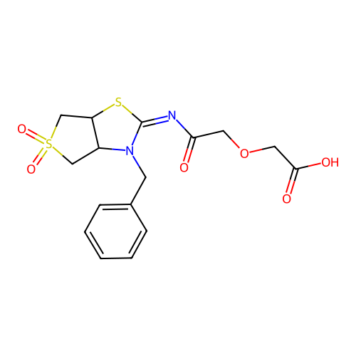 (2-{[(2Z)-3-benzyl-5,5-dioxidotetrahydrothieno[3,4-d][1,3]thiazol-2(3H)-ylidene]amino}-2-oxoethoxy)acetic acid structure