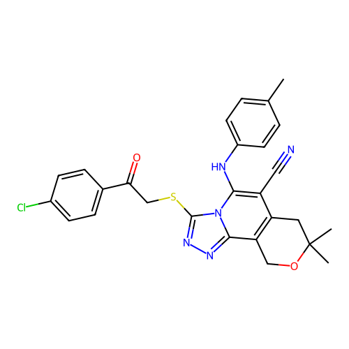 3-((2-(4-chlorophenyl)-2-oxoethyl)thio)-8,8-dimethyl-5-(p-tolylamino)-8,10-dihydro-7H-pyrano[3,4-c][1,2,4]triazolo[4,3-a]pyridine-6-carbonitrile structure