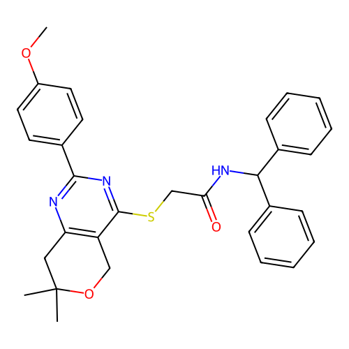 N-(diphenylmethyl)-2-{[2-(4-methoxyphenyl)-7,7-dimethyl-7,8-dihydro-5H-pyrano[4,3-d]pyrimidin-4-yl]sulfanyl}acetamide structure