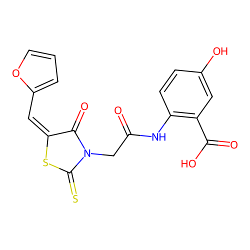 (E)-2-(2-(5-(furan-2-ylmethylene)-4-oxo-2-thioxothiazolidin-3-yl)acetamido)-5-hydroxybenzoic acid structure