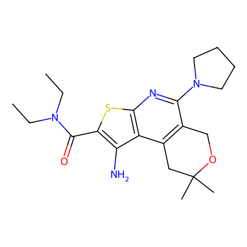 1-amino-N,N-diethyl-8,8-dimethyl-5-(pyrrolidin-1-yl)-8,9-dihydro-6H-pyrano[4,3-d]thieno[2,3-b]pyridine-2-carboxamide structure