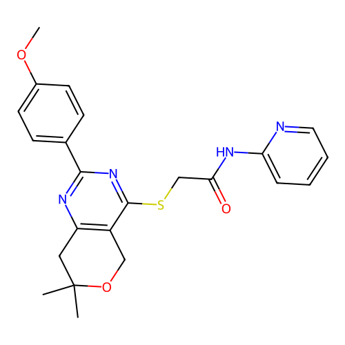 2-((2-(4-methoxyphenyl)-7,7-dimethyl-7,8-dihydro-5H-pyrano[4,3-d]pyrimidin-4-yl)thio)-N-(pyridin-2-yl)acetamide structure