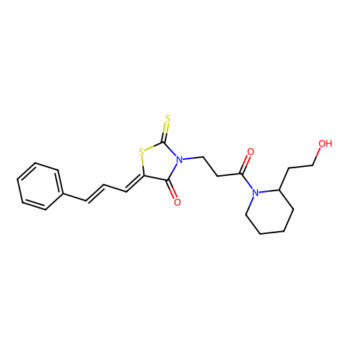 (5Z)-3-{3-[2-(2-hydroxyethyl)piperidin-1-yl]-3-oxopropyl}-5-[(2E)-3-phenylprop-2-en-1-ylidene]-2-thioxo-1,3-thiazolidin-4-one structure