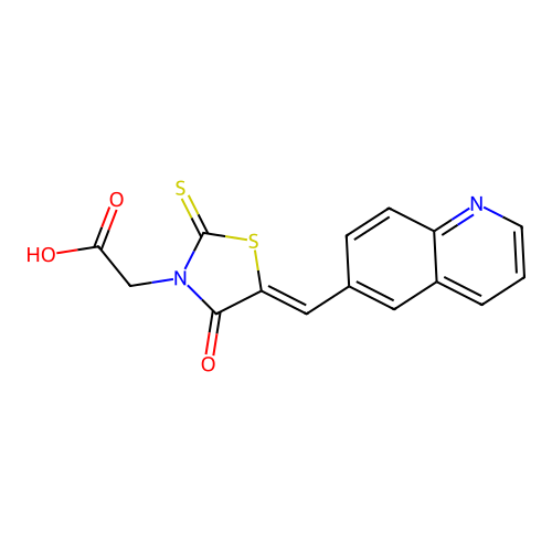 (Z)-2-(4-oxo-5-(quinolin-6-ylmethylene)-2-thioxothiazolidin-3-yl)acetic acid structure