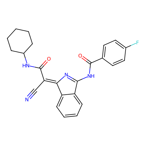 N-[(3Z)-3-[1-cyano-2-(cyclohexylamino)-2-oxoethylidene]isoindol-1-yl]-4-fluorobenzamide structure