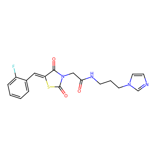 2-[(5Z)-5-(2-fluorobenzylidene)-2,4-dioxo-1,3-thiazolidin-3-yl]-N-[3-(1H-imidazol-1-yl)propyl]acetamide structure