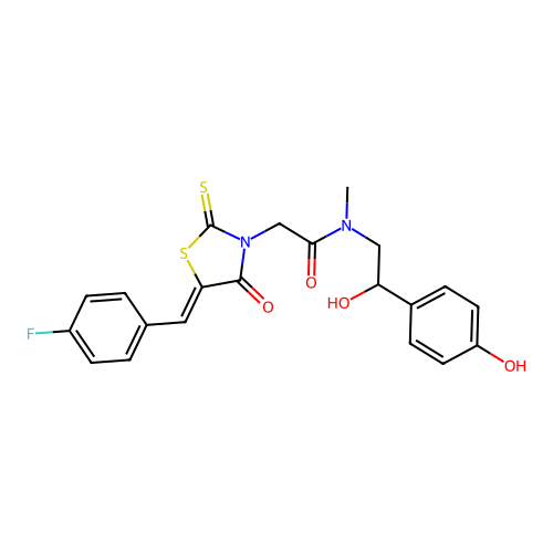 2-[(5Z)-5-(4-fluorobenzylidene)-4-oxo-2-thioxo-1,3-thiazolidin-3-yl]-N-[2-hydroxy-2-(4-hydroxyphenyl)ethyl]-N-methylacetamide structure