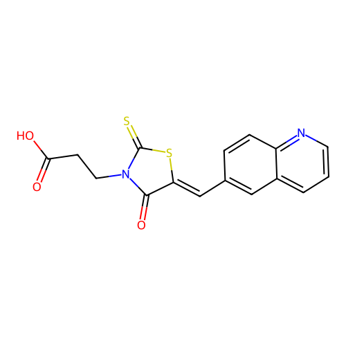 (Z)-3-(4-oxo-5-(quinolin-6-ylmethylene)-2-thioxothiazolidin-3-yl)propanoic acid structure