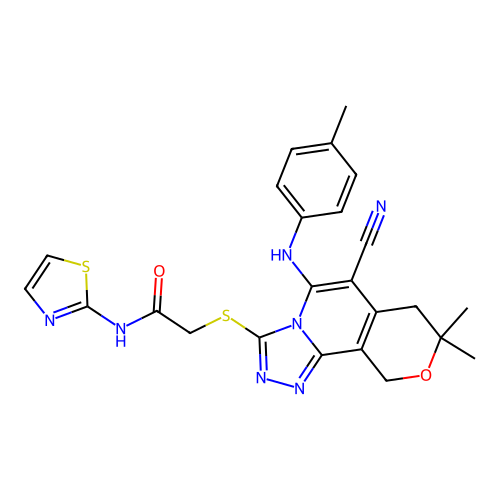 2-((6-cyano-8,8-dimethyl-5-(p-tolylamino)-8,10-dihydro-7H-pyrano[3,4-c][1,2,4]triazolo[4,3-a]pyridin-3-yl)thio)-N-(thiazol-2-yl)acetamide structure