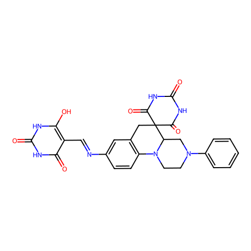 3'-phenyl-8'-[(2,4,6-trioxo-1,3-diazinan-5-ylidene)methylamino]spiro[1,3-diazinane-5,5'-2,4,4a,6-tetrahydro-1H-pyrazino[1,2-a]quinoline]-2,4,6-trione structure