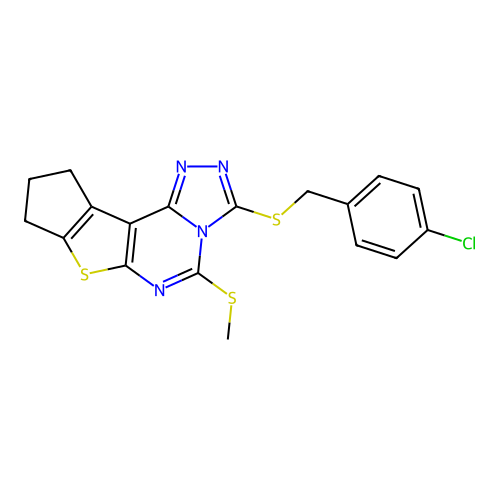 3-((4-chlorobenzyl)thio)-5-(methylthio)-9,10-dihydro-8H-cyclopenta[4,5]thieno[3,2-e][1,2,4]triazolo[4,3-c]pyrimidine structure