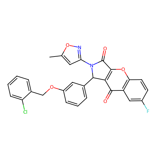 1-(3-((2-chlorobenzyl)oxy)phenyl)-7-fluoro-2-(5-methylisoxazol-3-yl)-1,2-dihydrochromeno[2,3-c]pyrrole-3,9-dione structure