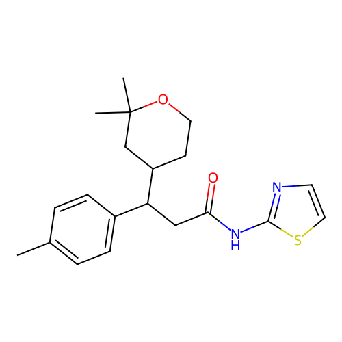 3-(2,2-dimethyloxan-4-yl)-3-(4-methylphenyl)-N-(1,3-thiazol-2-yl)propanamide structure