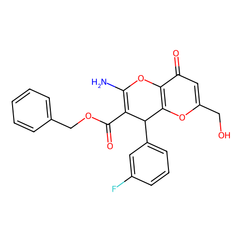 benzyl 2-amino-4-(3-fluorophenyl)-6-(hydroxymethyl)-8-oxo-4,8-dihydropyrano[3,2-b]pyran-3-carboxylate structure