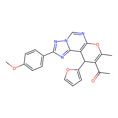 1-[10-(furan-2-yl)-2-(4-methoxyphenyl)-8-methyl-10H-pyrano[3,2-e][1,2,4]triazolo[1,5-c]pyrimidin-9-yl]ethanone structure