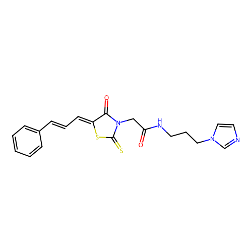 N-[3-(1H-imidazol-1-yl)propyl]-2-{(5Z)-4-oxo-5-[(2E)-3-phenylprop-2-en-1-ylidene]-2-thioxo-1,3-thiazolidin-3-yl}acetamide structure