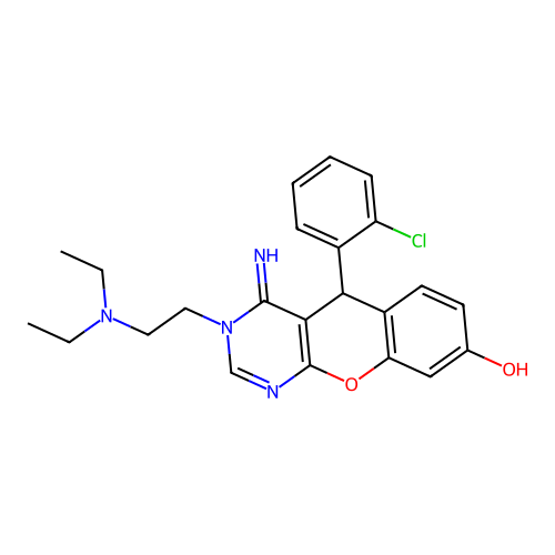 5-(2-chlorophenyl)-3-(2-diethylaminoethyl)-4-imino-5H-chromeno[2,3-d]pyrimidin-8-ol structure