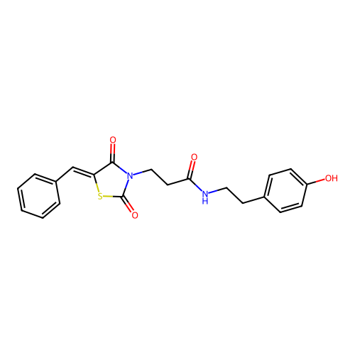 3-[(5Z)-5-benzylidene-2,4-dioxo-1,3-thiazolidin-3-yl]-N-[2-(4-hydroxyphenyl)ethyl]propanamide structure