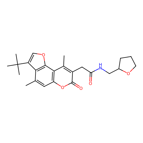 2-(3-tert-butyl-4,9-dimethyl-7-oxofuro[2,3-f]chromen-8-yl)-N-(oxolan-2-ylmethyl)acetamide structure