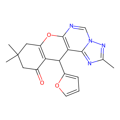 12-(furan-2-yl)-2,9,9-trimethyl-8,9,10,12-tetrahydro-11H-chromeno[3,2-e][1,2,4]triazolo[1,5-c]pyrimidin-11-one structure