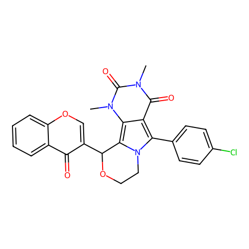5-(4-chlorophenyl)-1,3-dimethyl-10-(4-oxo-4H-chromen-3-yl)-1,7,8,10-tetrahydro-2H-pyrimido[4',5':3,4]pyrrolo[2,1-c][1,4]oxazine-2,4(3H)-dione structure