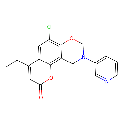 6-chloro-4-ethyl-9-(pyridin-3-yl)-9,10-dihydro-2H,8H-chromeno[8,7-e][1,3]oxazin-2-one structure