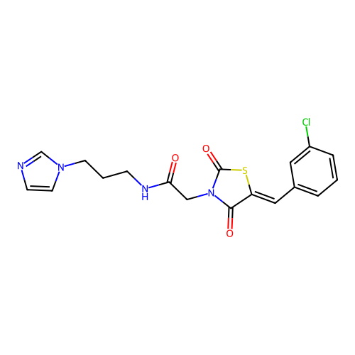 2-[(5Z)-5-(3-chlorobenzylidene)-2,4-dioxo-1,3-thiazolidin-3-yl]-N-[3-(1H-imidazol-1-yl)propyl]acetamide structure