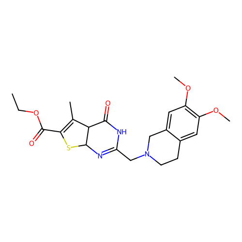 ethyl 2-((6,7-dimethoxy-3,4-dihydroisoquinolin-2(1H)-yl)methyl)-5-methyl-4-oxo-3,4,4a,7a-tetrahydrothieno[2,3-d]pyrimidine-6-carboxylate structure