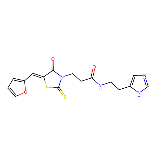 (Z)-N-(2-(1H-imidazol-4-yl)ethyl)-3-(5-(furan-2-ylmethylene)-4-oxo-2-thioxothiazolidin-3-yl)propanamide structure