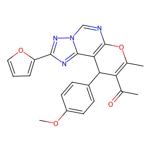 1-(2-(furan-2-yl)-10-(4-methoxyphenyl)-8-methyl-10H-pyrano[3,2-e][1,2,4]triazolo[1,5-c]pyrimidin-9-yl)ethanone structure