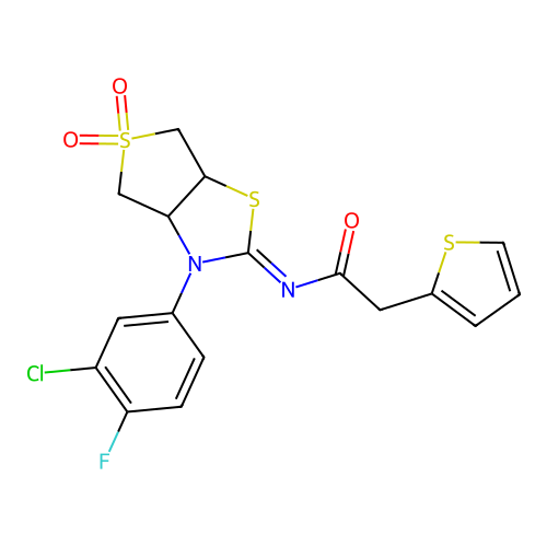 (Z)-N-(3-(3-chloro-4-fluorophenyl)-5,5-dioxidotetrahydrothieno[3,4-d]thiazol-2(3H)-ylidene)-2-(thiophen-2-yl)acetamide structure
