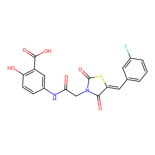 5-({[(5Z)-5-(3-fluorobenzylidene)-2,4-dioxo-1,3-thiazolidin-3-yl]acetyl}amino)-2-hydroxybenzoic acid structure