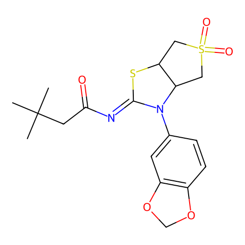 (Z)-N-(3-(benzo[d][1,3]dioxol-5-yl)-5,5-dioxidotetrahydrothieno[3,4-d]thiazol-2(3H)-ylidene)-3,3-dimethylbutanamide structure