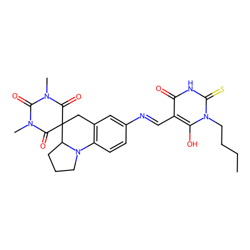 (E)-7'-(((1-butyl-2-mercapto-4,6-dioxo-1,6-dihydropyrimidin-5(4H)-ylidene)methyl)amino)-1,3-dimethyl-2',3',3a',5'-tetrahydro-1H,1'H-spiro[pyrimidine-5,4'-pyrrolo[1,2-a]quinoline]-2,4,6(3H)-trione structure