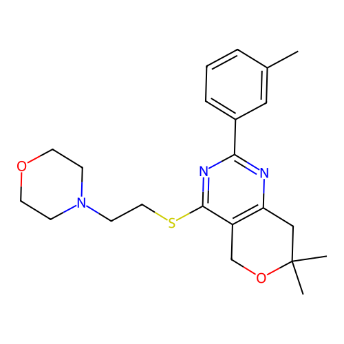 7,7-dimethyl-2-(3-methylphenyl)-4-(2-morpholin-4-ylethylsulfanyl)-5,8-dihydropyrano[4,3-d]pyrimidine structure