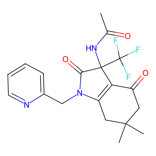 N-(6,6-dimethyl-2,4-dioxo-1-(pyridin-2-ylmethyl)-3-(trifluoromethyl)-2,3,4,5,6,7-hexahydro-1H-indol-3-yl)acetamide structure