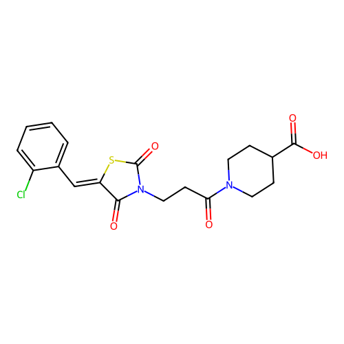 (Z)-1-(3-(5-(2-chlorobenzylidene)-2,4-dioxothiazolidin-3-yl)propanoyl)piperidine-4-carboxylic acid structure