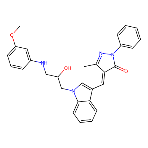 (4E)-4-[(1-{2-hydroxy-3-[(3-methoxyphenyl)amino]propyl}-1H-indol-3-yl)methylidene]-5-methyl-2-phenyl-2,4-dihydro-3H-pyrazol-3-one structure