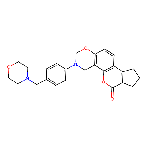 3-(4-(morpholinomethyl)phenyl)-3,4,8,9-tetrahydro-2H-cyclopenta[3,4]chromeno[8,7-e][1,3]oxazin-6(7H)-one structure