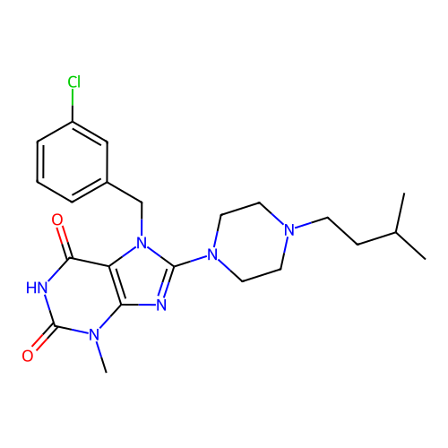 7-(3-chlorobenzyl)-8-(4-isopentylpiperazin-1-yl)-3-methyl-1H-purine-2,6(3H,7H)-dione structure