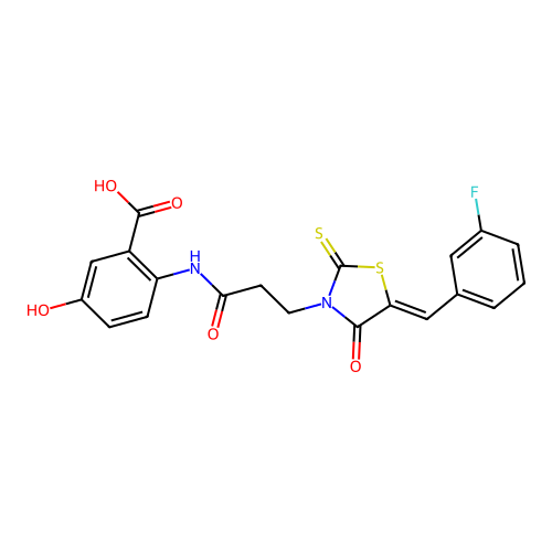 2-({3-[(5Z)-5-(3-fluorobenzylidene)-4-oxo-2-thioxo-1,3-thiazolidin-3-yl]propanoyl}amino)-5-hydroxybenzoic acid structure