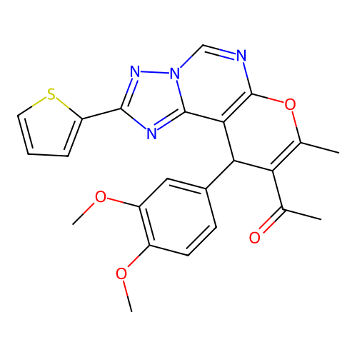 1-(10-(3,4-dimethoxyphenyl)-8-methyl-2-(thiophen-2-yl)-10H-pyrano[3,2-e][1,2,4]triazolo[1,5-c]pyrimidin-9-yl)ethanone structure