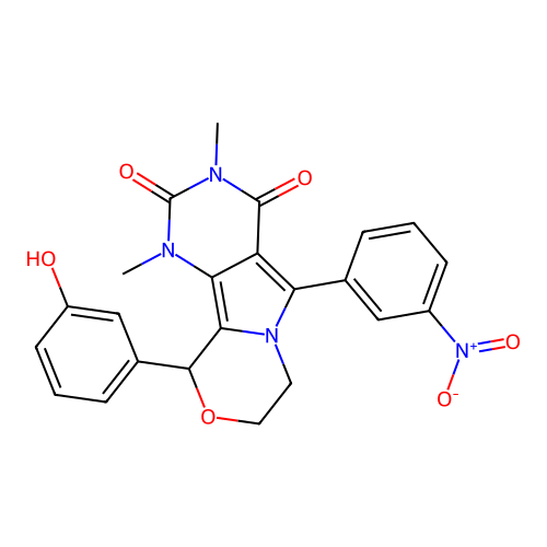 10-(3-hydroxyphenyl)-1,3-dimethyl-5-(3-nitrophenyl)-1,7,8,10-tetrahydro-2H-pyrimido[4',5':3,4]pyrrolo[2,1-c][1,4]oxazine-2,4(3H)-dione structure