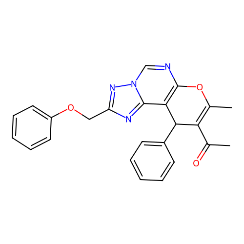 1-(8-methyl-2-(phenoxymethyl)-10-phenyl-10H-pyrano[3,2-e][1,2,4]triazolo[1,5-c]pyrimidin-9-yl)ethanone structure