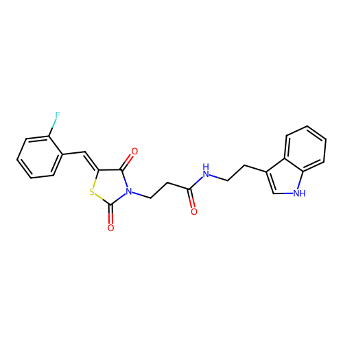 3-[(5Z)-5-(2-fluorobenzylidene)-2,4-dioxo-1,3-thiazolidin-3-yl]-N-[2-(1H-indol-3-yl)ethyl]propanamide structure
