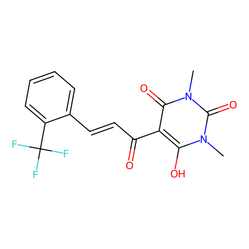 (E)-6-hydroxy-1,3-dimethyl-5-(3-(2-(trifluoromethyl)phenyl)acryloyl)pyrimidine-2,4(1H,3H)-dione structure