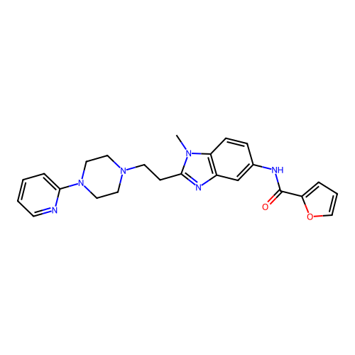 N-(1-methyl-2-(2-(4-(pyridin-2-yl)piperazin-1-yl)ethyl)-1H-benzo[d]imidazol-5-yl)furan-2-carboxamide structure